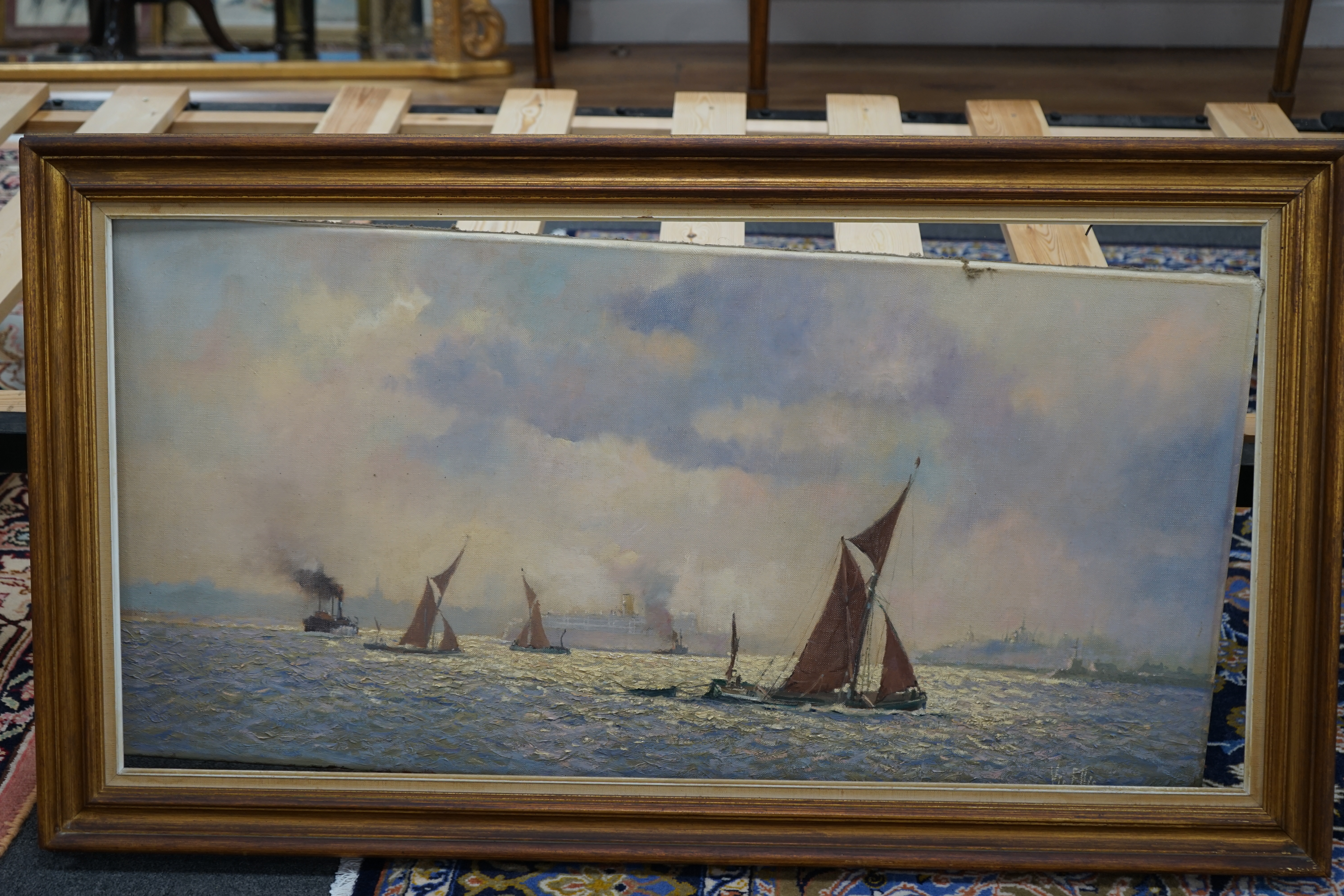 Victor William Ellis (1921-1984), oil on canvas, Estuary scene with boats, signed, 50 x 100cm. Condition - good